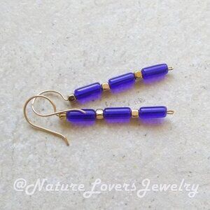 Cobalt Blue Glass Rods ~ Beaded Stick Earrings! Lightweight! Slim, Trendy & Chic